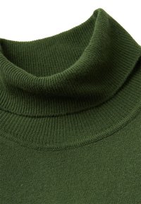 Dunkelgrüner Rollkragenpullover mit gerippter Textur und umgeschlagenem Kragen, aus glattem Stoff mit gleichmäßigen Nähdetails.