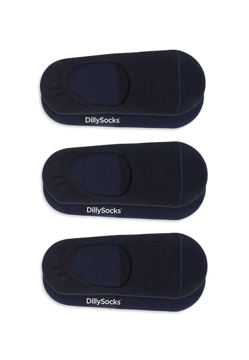 Marineblaue Bootssocken im Dreierpack. Glattes Material mit rundem Zehendesign. Mit gummiertem Halt für Stabilität. DillySocks-Branding sichtbar.