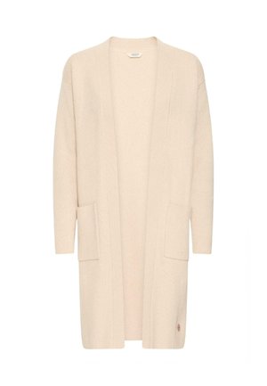 Lys beige cardigan laget av mykt materiale, med åpen front, lange ermer og to frontlommer. Dempet tekstur med en liten logo aksent.