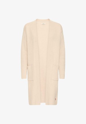 Cardigan bej deschis, realizat dintr-un material moale, cu un front deschis, mâneci lungi și două buzunare frontale. Textură subtilă cu un accent logo mic.