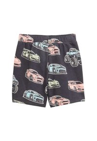 Schwarze Shorts mit einem Auto-Print in Pastellfarben, einschließlich Blau, Pink und Grün, mit elastischem Bund und weichem Baumwollmaterial.