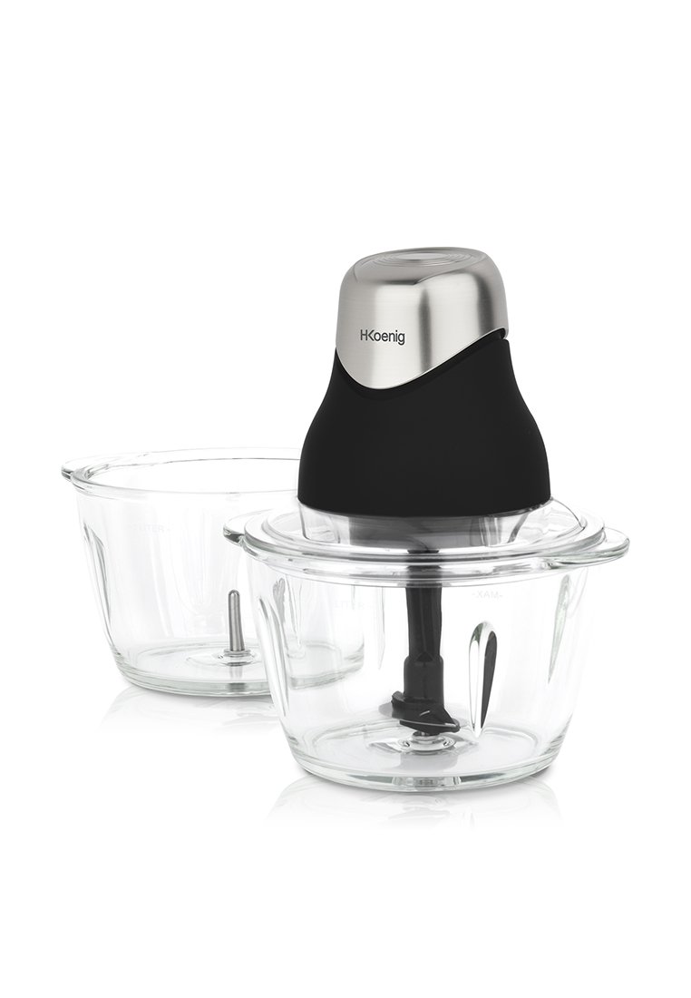 Picadora eléctrica con base de plástico negro y parte superior plateada, colocada sobre dos cuencos de vidrio transparentes. Los cuencos presentan una cuchilla central para picar.