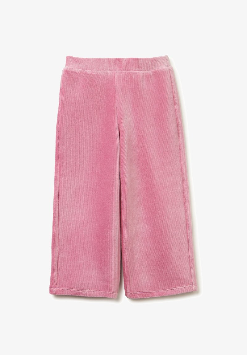 Růžové kordové kalhoty s širokým střihem, elastickým pasem a jemnou texturou s vertikálním žebrováním.