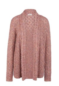Rosa Cardigan aus strukturiertem Strickstoff mit offenem Vorderteil, langen Ärmeln und lockerer Passform, mit aufwändigen Musterdetails.