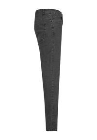 Sive skinny jeans iz denima z gladko teksturo, s enim zadnjim žepom in prilagojeno silhueto. Šivani detajli ob šivih.