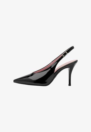 Black patent leather slingback pump with a pointed toe, slender heel, adjustable strap, and a pink insole. Smooth, glossy surface.