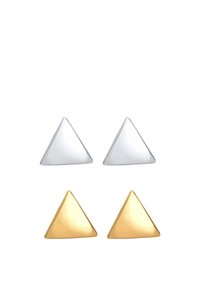 Studs triunghiulari argintii și aurii, cu finisaj metalic lustruit, două perechi: una argintie, una aurie. Textură netedă, unghiuri ascuțite.