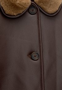 Veste en cuir brun avec un col en fourrure douce couleur fauve et une fermeture à boutons foncés. Présente une texture lisse et des détails de couture subtils.