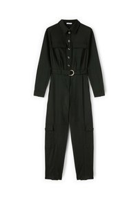 Zwarte jumpsuit met een kraag, sluiting met knopen aan de voorkant, twee borstzakken, een tailleband met een ring en taps toelopende benen.