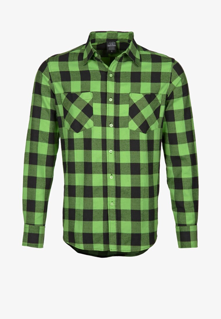 Zöld és fekete kockás flanel ing, hosszú ujjú, két mellzsebbel, gombos elejével és kerekített alsó résszel. Puha anyagú szerkezet.