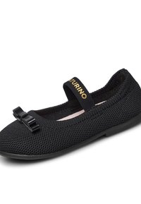 Ballet flat in rete nera con punta arrotondata, caratterizzata da un fiocco decorativo nero e una fascia elastica. La soletta è rosa, in contrasto con l'esterno.
