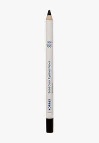 Matita eyeliner nera con corpo bianco, etichettata "Matita Eyeliner a Colore Solido Korres 01 Nero," in posizione verticale su sfondo bianco.