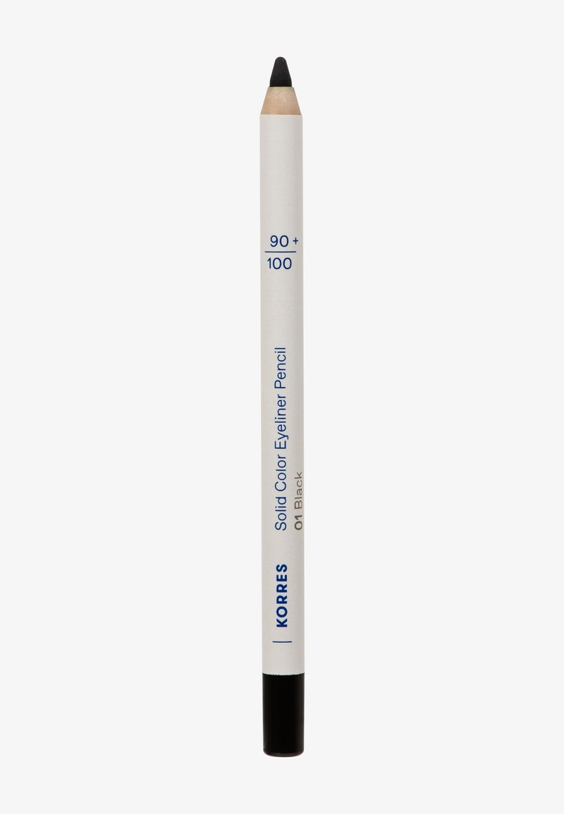 Matita eyeliner nera con corpo bianco, etichettata "Matita Eyeliner a Colore Solido Korres 01 Nero," in posizione verticale su sfondo bianco.