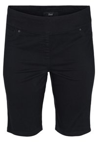 Pantalones cortos tipo bermuda negros con cintura ancha elástica, bolsillos delanteros y costuras cosidas. La tela es lisa con un acabado mate.