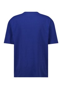 Sininen puuvillainen t-paita, jossa on pyöreä kaula-aukko, lyhyet hihat ja suora leikkaus. Jännittävä sileä pinta, ei näkyviä kuvioita tai koristeita.