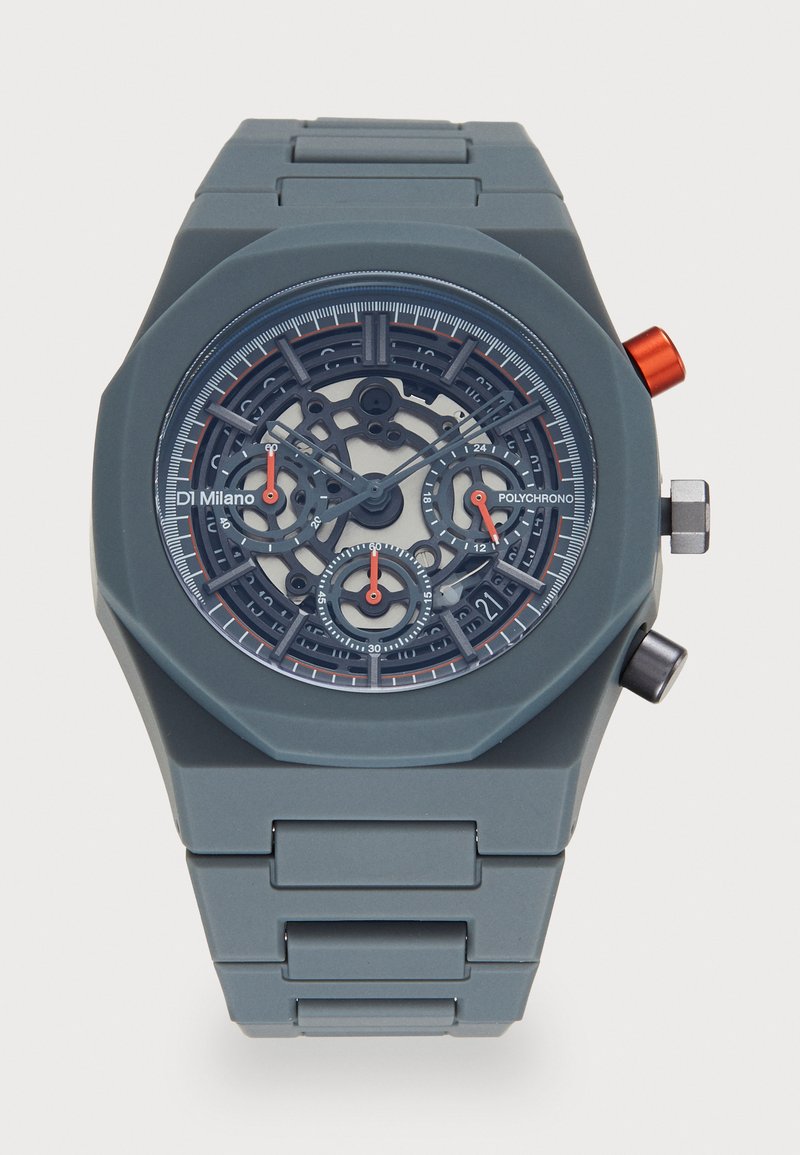 Orologio in silicone grigio con quadrante scheletro multifunzionale e accenti rossi, cassa ottagonale e componenti in metallo. Include sottodial cronografo.