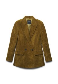 Blazer double boutonnage en velours côtelé marron avec revers, deux poches avant à rabat et boutons noirs, posé à plat sur un fond blanc.