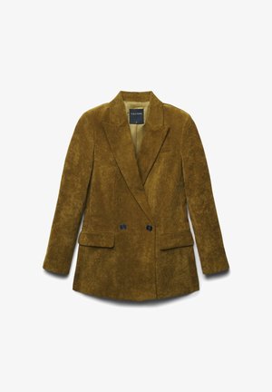 Blazer double boutonnage en velours côtelé marron avec revers, deux poches avant à rabat et boutons noirs, posé à plat sur un fond blanc.