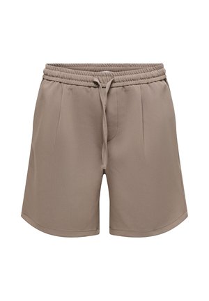 Shorts décontractés marron clair avec taille élastique et cordon, présentant de subtils plis à l'avant et une texture de tissu lisse.
