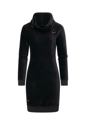 Zwarte fleece jurk met een col, lange mouwen en geribbelde manchetten. Bevat een verstelbaar trekkoord en een logo-accent nabij de zoom.