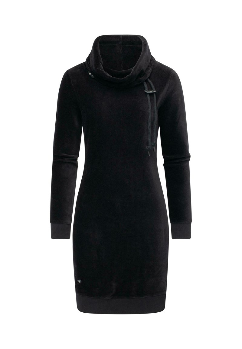 Schwarzes Fleece-Kleid mit Kapuze, langen Ärmeln und gerippten Bündchen. Verfügt über einen verstellbaren Kordelzug und ein Logo-Detail am Saum.