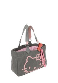 Borsa tote in tela grigia con ricamo di un grande volto di Hello Kitty rosa, interno rosa, dettaglio di fiocco coordinato e doppi manici in pelle.