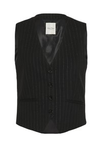 Black vest with vertical pinstripes, made of smooth fabric. Features a V-neckline, five button closures, and two front pockets.