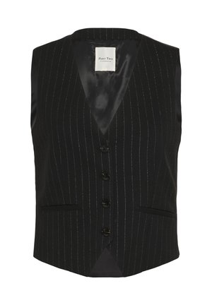 Must mustriba vertikaalsete triipudega, valmistatud siledast kangast. Omab V-kujulist kaelust, viit nööpi ja kahte esist taskut.