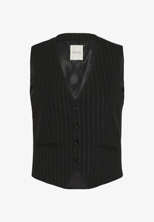 Gilet noir à rayures verticales, en tissu lisse. Dispose d'un décolleté en V, de cinq boutons de fermeture et de deux poches avant.