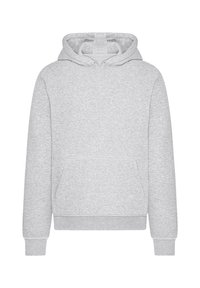 Light gray hooded sweatshirt with long sleeves, front kangaroo pocket, and ribbed cuffs and hem.