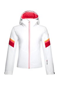 Witte waterdichte jas met een rode binnenkant, rode en gele gestreepte accenten op de mouwen, volledige rits aan de voorkant en een verstelbare capuchon.