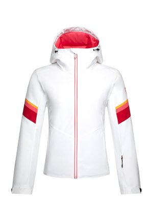 White waterproof jacket featuring a red interior, red and yellow striped accents on sleeves, full front zipper, and adjustable hood.
