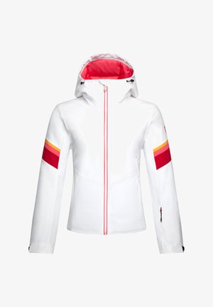 Weiße wasserfeste Jacke mit rotem Innenfutter, roten und gelben gestreiften Akzenten an den Ärmeln, durchgehendem Reißverschluss vorne und verstellbarem Kapuze.