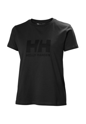 Zwarte katoenen T-shirt met een groot mat zwart "HH" logo en "HELLY HANSEN" tekst op de voorkant. Eenvoudige ronde hals en korte mouwen.