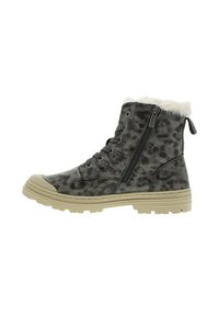 Bottines à imprimé léopard gris avec une bordure en fausse fourrure, à lacets et fermeture éclair sur le côté, dotées d'une semelle en caoutchouc texturé et de détails beiges.