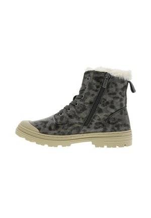Bottines à imprimé léopard gris avec une bordure en fausse fourrure, à lacets et fermeture éclair sur le côté, dotées d'une semelle en caoutchouc texturé et de détails beiges.