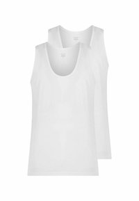 Top in cotone bianco senza maniche con scollatura a barca, caratterizzati da una superficie liscia e cuciture minime. Due pezzi impilati per la visualizzazione.
