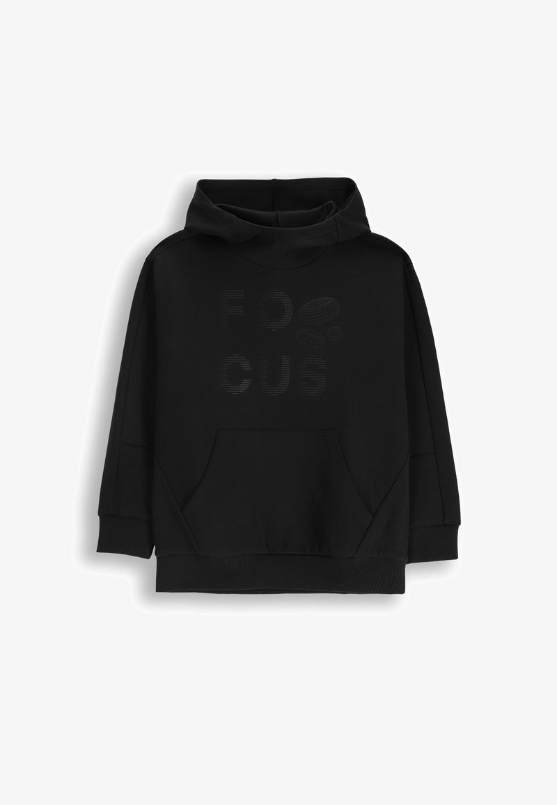 Czarna bluza z kapturem z kieszenią kangurką, z tonalnym napisem "FOCUS". Wykonana z miękkiego materiału o luźnym kroju.