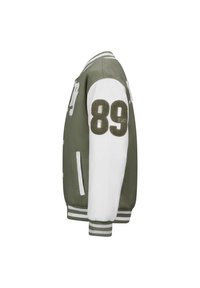 Olivengroene varsityjack met witte mouwen, voorzien van een grote "89" patch, ribgebreide manchetten en contrasterende gestreepte afwerking.