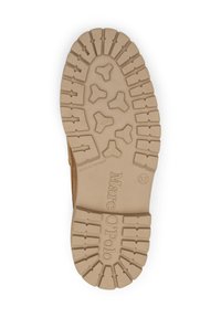 Semelle en caoutchouc de couleur brun clair, présentant un motif texturé et rainuré avec des formes hexagonales et triangulaires, étiquetée "Marc O'Polo" et taille 37.