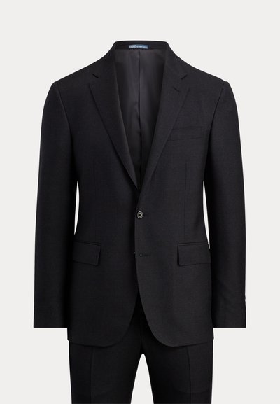 Schwarze, einreihige Herrenanzugsjacke mit Kerbkragen, zwei vorderen Pattentaschen, einer Brusttasche und einem einzelnen Knopfverschluss.