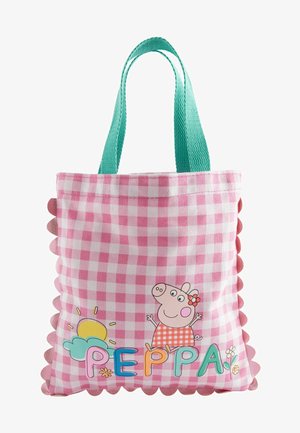 Roosa ruuduline kott laineliste ääridega, türkiissinised käepidemed, millel on joonistuskarakter ja värviline tekst "PEPPA" lillemustritega.