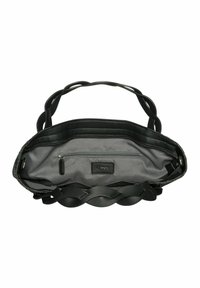 Sac à main en cuir noir avec une anse tressée, doté d'une doublure intérieure grise et d'une poche zippée pour le rangement.