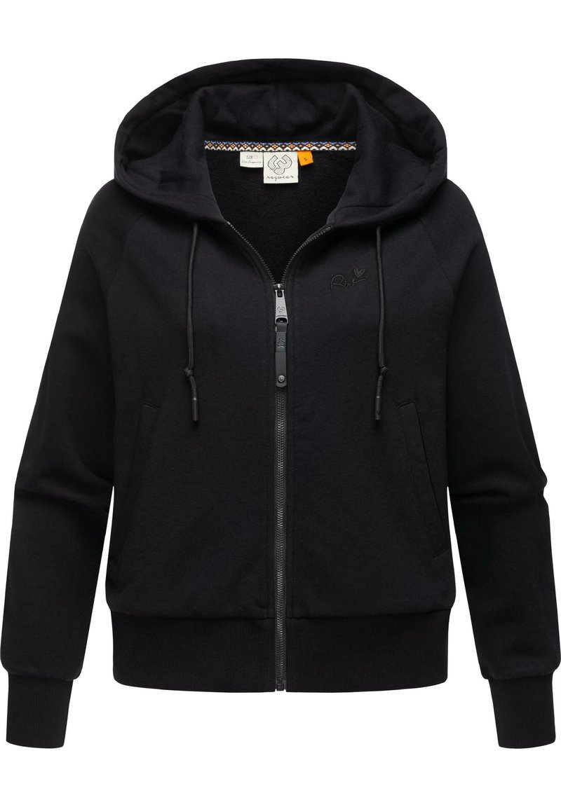 Felpa nera con zip realizzata in tessuto morbido, presenta un cappuccio con lacci, due tasche laterali, polsini a coste e un logo discreto sul petto.