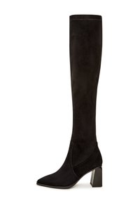 Zwarte suede over-de-knie laarzen met een spitse neus, met een vierkante blokhak en een gladde textuur. Het ontwerp bevat minimale stikdetails.