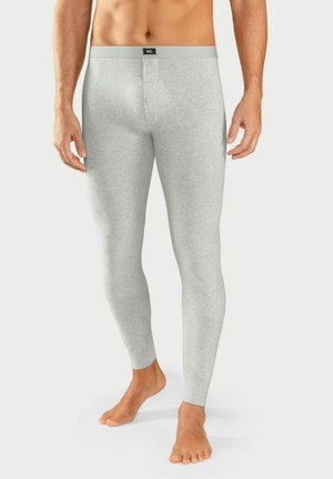 Gray leggings with a soft texture, featuring a fitted design, button front, and a branded waistband. Designed for comfort and style.
