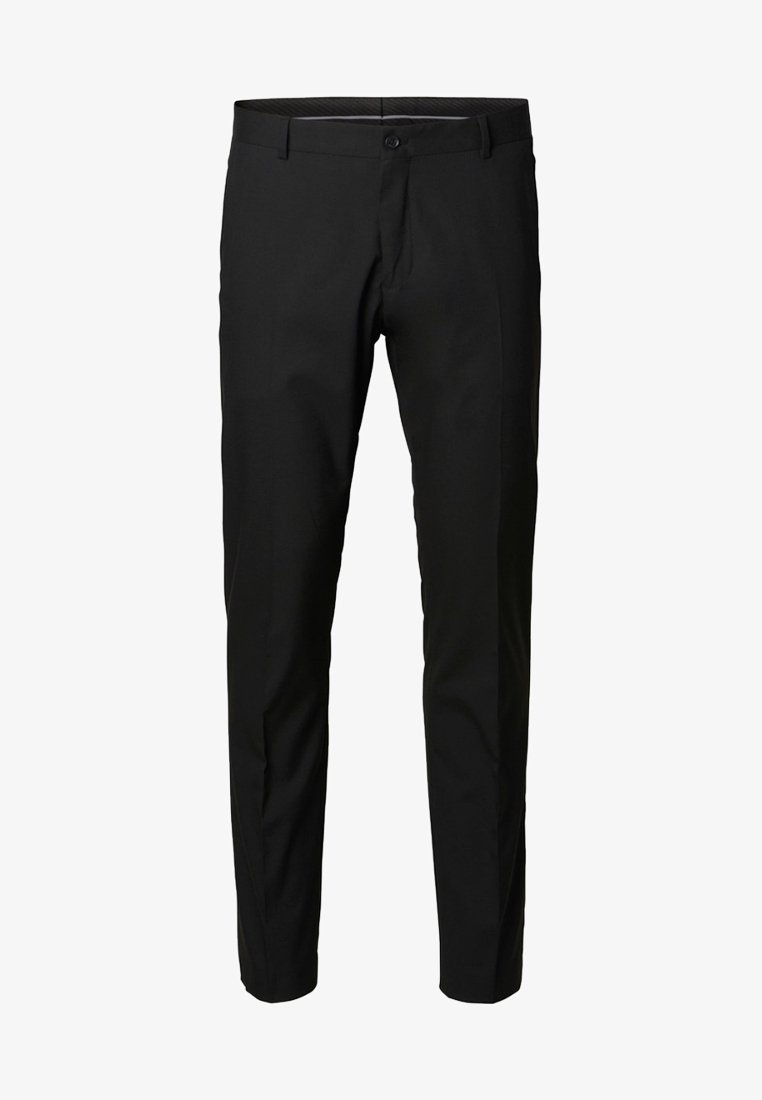 Pantalons noirs à coupe slim, dotés d'une fermeture à bouton, de passants de ceinture et d'un tissu lisse et léger. Design uni, sans motifs ni accents.