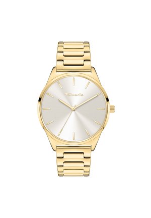 Goudkleurig analoog horloge met een ronde wijzerplaat, zilveren dial, minimalistische uurmarkers en een metalen schakelarmband voor een veilige draagervaring.