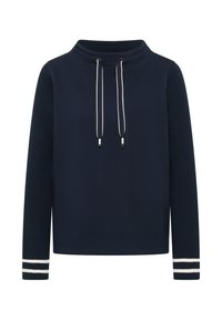 Marineblaues Sweatshirt mit hohem Kragen, gerippten Ärmeln, weißen Kordeln und horizontalen weißen Streifen an den Bündchen. Glatte Stoffstruktur.
