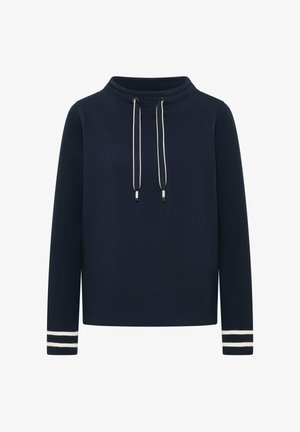 Sweat-shirt bleu marine avec un col montant, des manches côtelées, des cordons blancs et des rayures blanches horizontales aux poignets. Texture de tissu lisse.